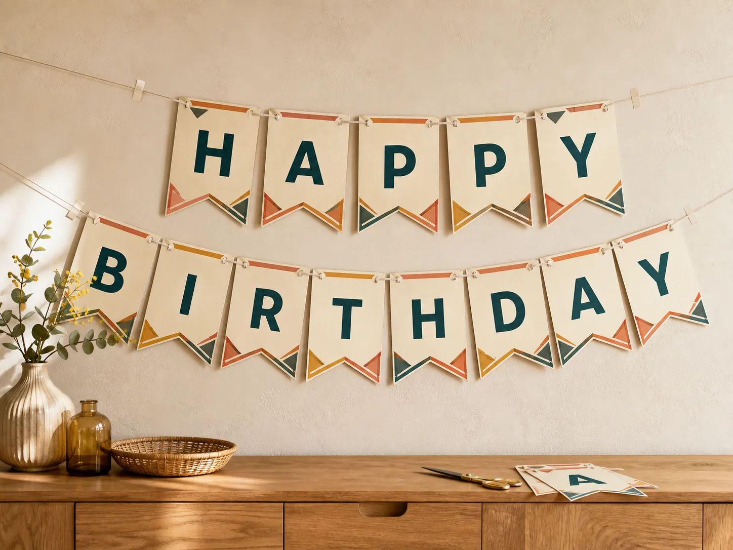 Printable happy birthday banner in the geometric design, hung in two rows above a wooden sideboard