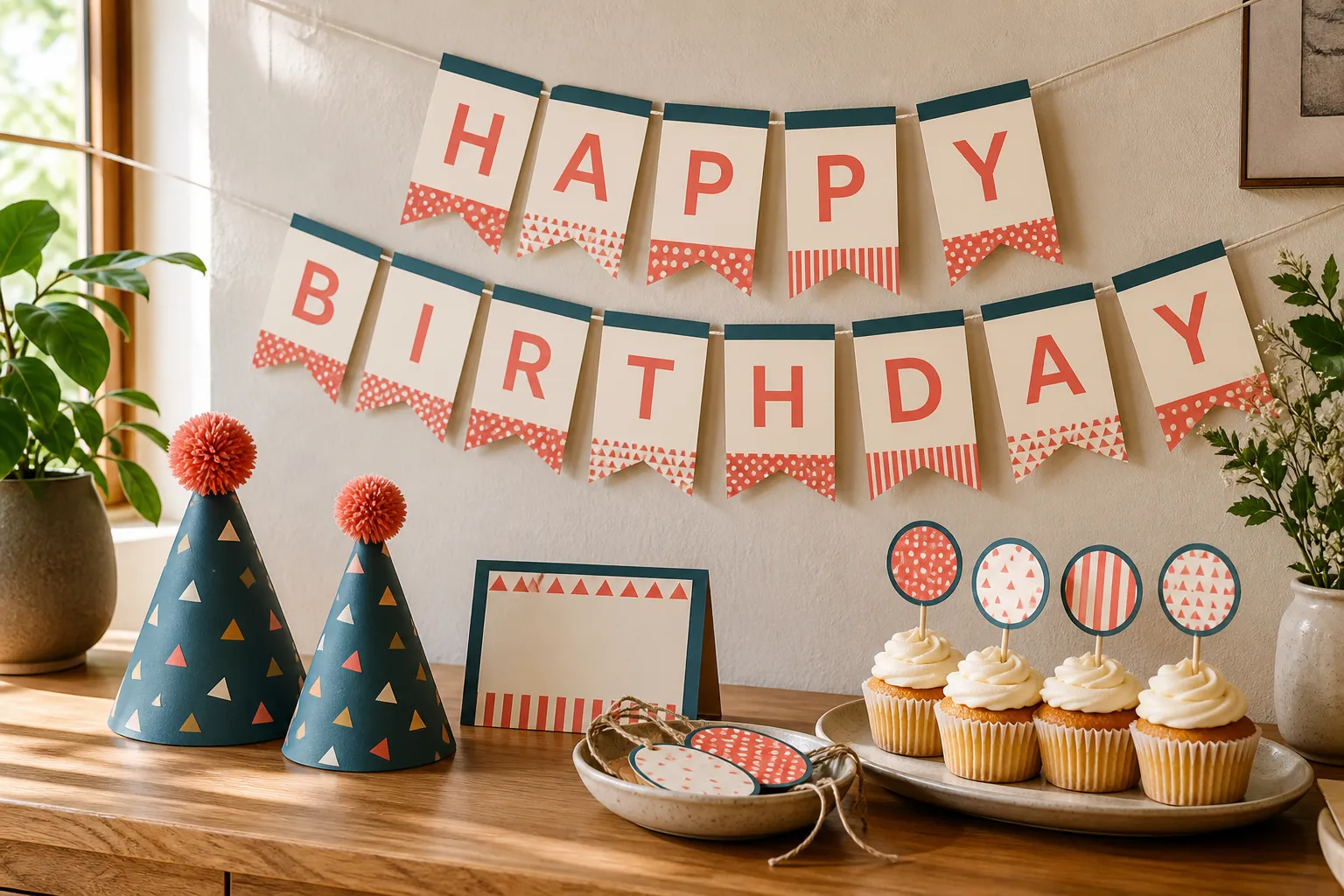 Printed birthday banner, paper party hats, cupcake toppers and a table sign assembled at home