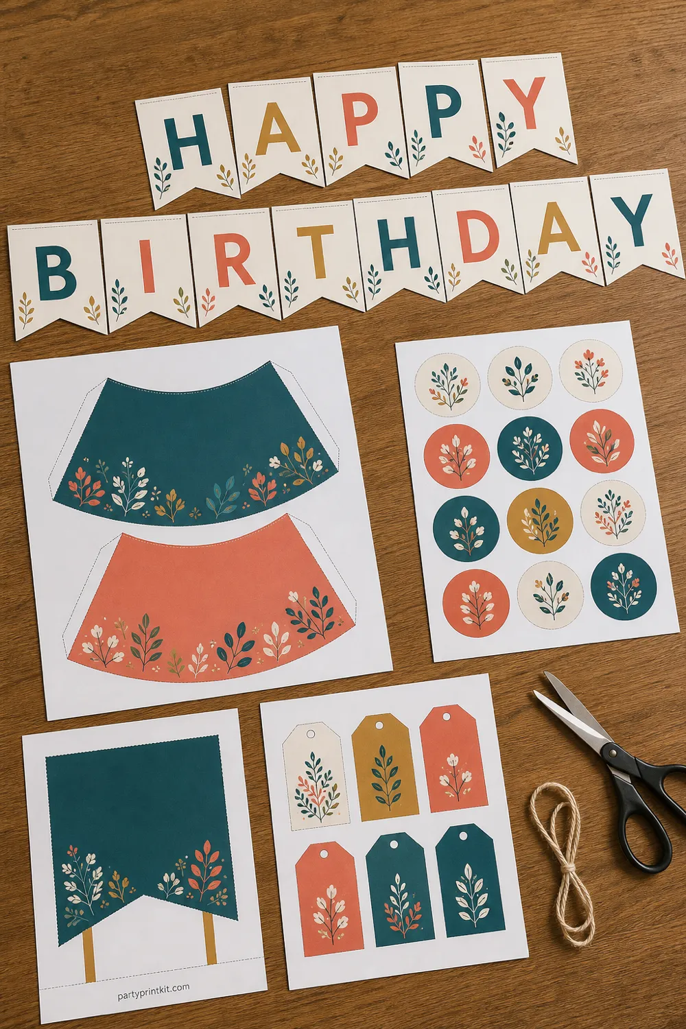 Printable birthday kit sheets laid out: banner letters, party hat template, cupcake toppers, a table sign and favor tags