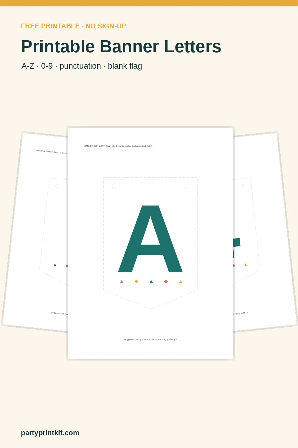 Printable banner letters sheet with the full alphabet, numbers and punctuation flags