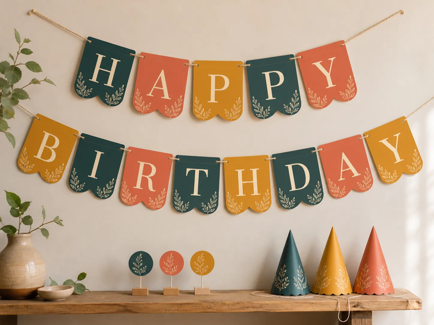 Free printable happy birthday banner with botanical leaves, strung on twine above a sideboard