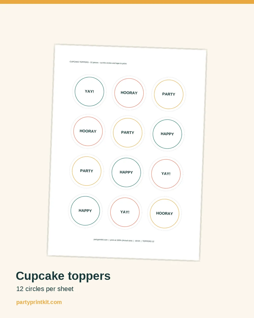 Printed cupcake topper sheet with twelve cut-out circles