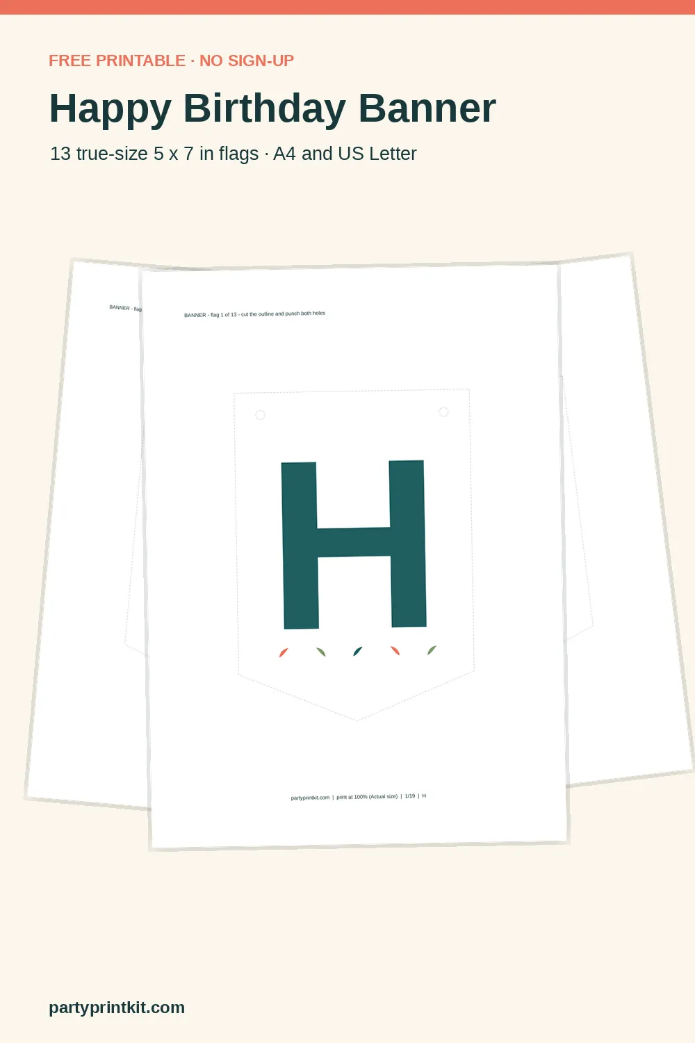 Birthday banner printable sheet, botanical design, letter flags with cut lines and hanging holes
