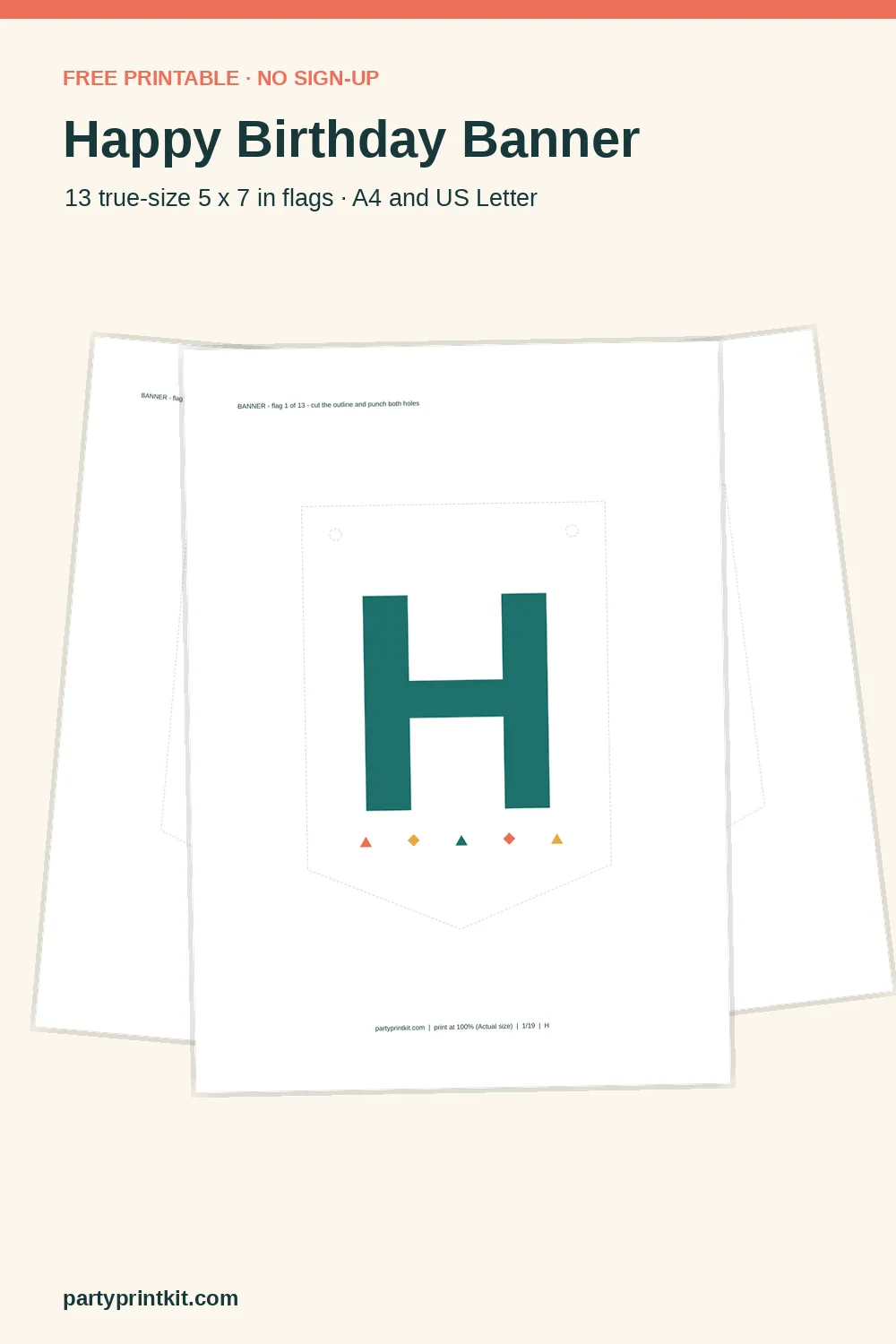 Happy birthday printable banner sheet, geometric design, thirteen letter flags ready to cut