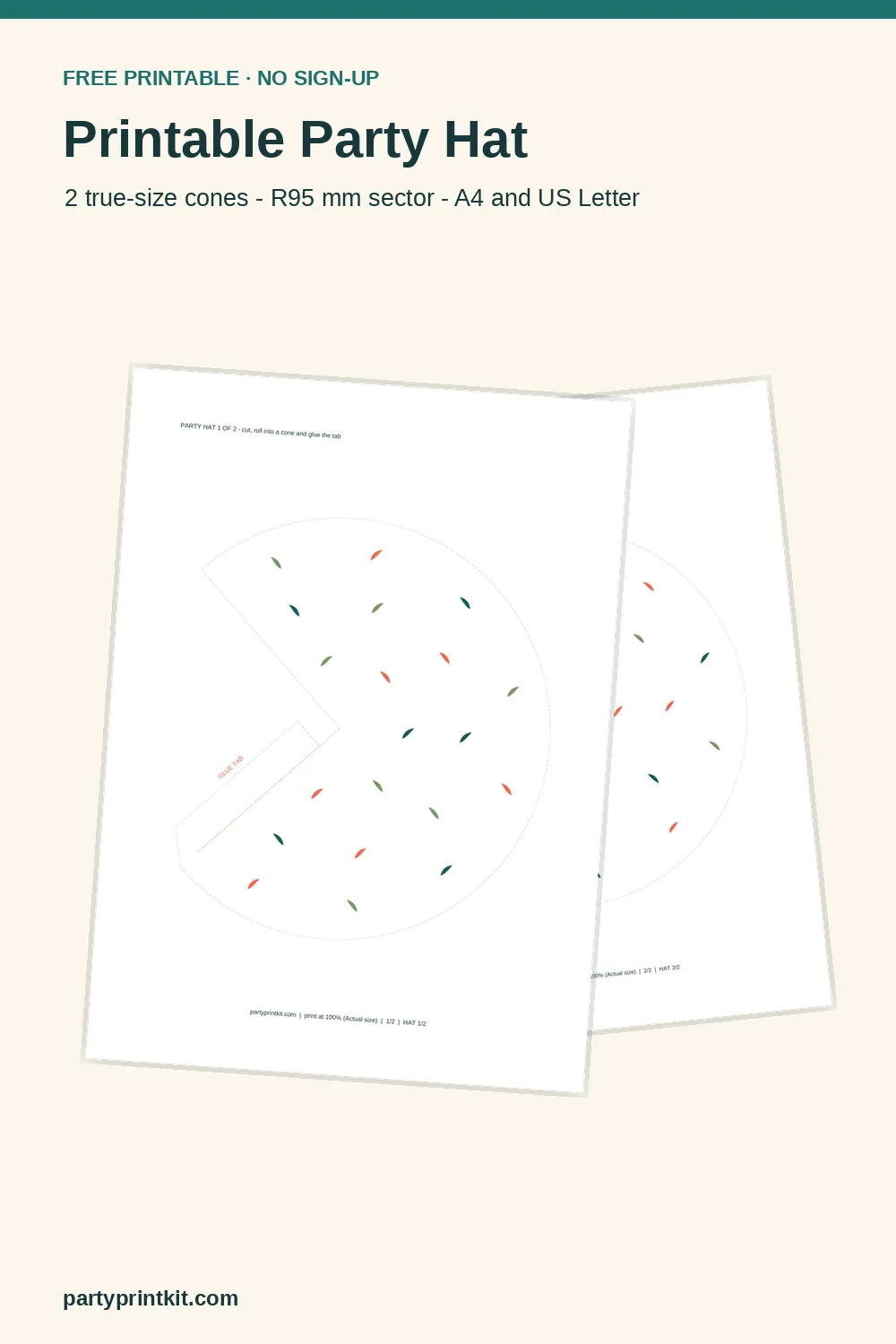 Printable party hat template sheet in the botanical design, two true-size cones with the glue tab marked